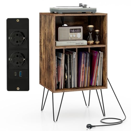 KOMFOTTEU Mesa Auxiliar con Estación de Carga, Soporte para Discos con 2 Enchufes, 1 Puerto USB y 1 Tipo C, Mesita de Noche de Madera con Compartimentos Abiertos, 48 x 40 x 88 cm (Marrón)