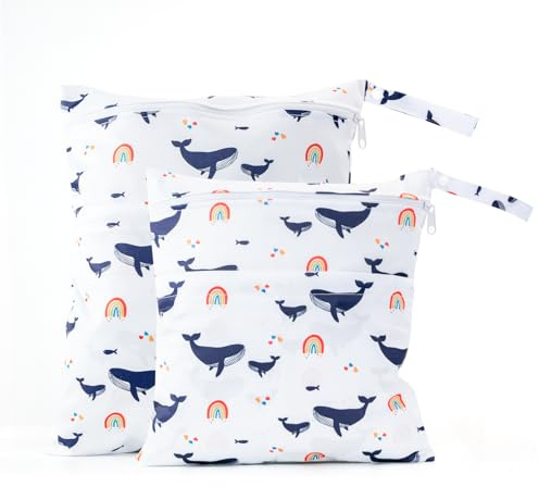 fanksoow 2 Stück Nassbeutel Kindergarten, Wetbag Kita Mädchen und Junge, Wet Bag Organiser für Kleinkind Windeln Reisen Gym Strand Pool (Blauwal)