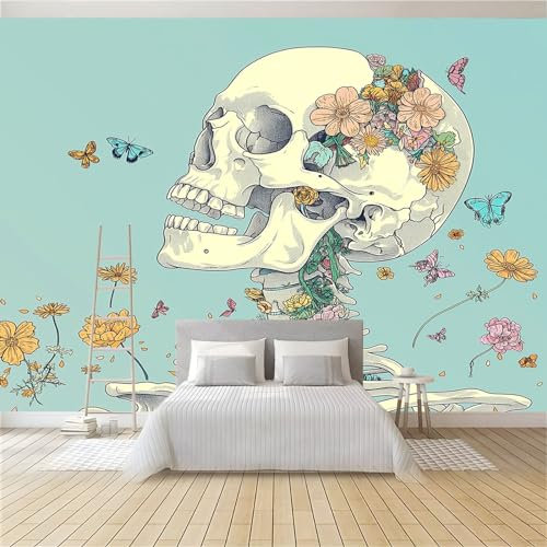 Vlies Tapeten Wandtapete Totenkopf-Blumenschmetterling Blau Muster 3D Wandbild Wohnzimmer Wanddekoration Fototapete 3D Tapete Effekt 350x256 Cm