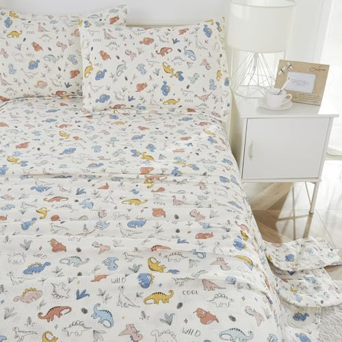 Brandream Juego de sábanas de gasa de algodón para niños, tamaño Queen, con estampado de dinosaurios, súper suaves, transpirables, refrescantes, para verano, 4 piezas, color crema