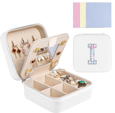 Ghope Pequeño joyero de terciopelo de felpa para mujer y niña, joyero de viaje con espejo, caja de joyas, mini organizadores de joyas, almacenamiento de joyas para anillos, pulseras, pendientes