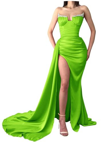 Genérico Vestido De Fiesta De Sirena con Cuentas Y Lentejuelas Largo De SatéN con Abertura Y Sin Tirantes Vestido Formal De Noche para Fiesta,Vestidos De Dama De Honor para Boda Lime Green XXL