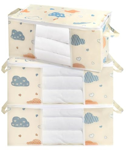 Zythrem 3 Piezas 50L Organizador de Armario, Cajas Almacenaje Ropa, Plegable Bolsa de Almacenamiento Organizador para Ropa y Edredones Mudanzas y Organización del Hogar (Beige)