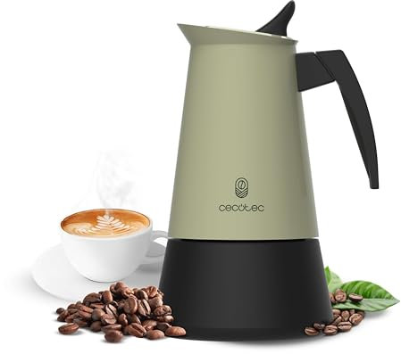 Cecotec Cafetera Italiana Piccolina 200 Green, Capacidad 100 ml para 2 tazas, Diseño elegante en Acero, Filtro Acero Inoxidable, Apta para todas las superficies, Válvula de seguridad, Cierre silicona