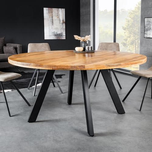 Riess Ambiente Esstisch Iron Craft 140cm - schwarz Natur - Mangoholz | Massiv, Handarbeit, 6-Sitzplätze (rund), hochwertig, höhenverstellbare Füße, Belastbarkeit: ca. 40 kg, Metallgestell