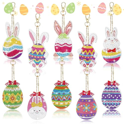 Hyran Diamond Painting Ostern, 10 Stück Diamond Painting Anhänger Schlüsselanhänger, Osterei Diamantmalerei Schlüsselanhänger, Ostern Kinder DIY Bastelgeschenke Geschenk