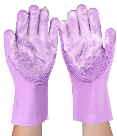 Silicone Dishwashing Gloves, Kitchen Gloves for Washing Dishes Reusable Waterproof Household Dishwashing with Cleaning Brush for Dishes Housework Kitchen Pet Grooming Bathroom Cleaning（1pair, 12.2 L）