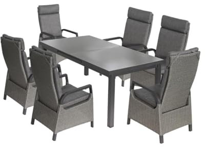 Green Spirit Garten Essgruppe Chicago 4 - Grau, Aluminium, für 6 Personen, Wetterfest, Gartenmöbel-Set mit 6X Hochlehner Garten-Sessel, ausziehbarer Garten-Tisch - Terrassen Sitzgruppe, Tischgruppe