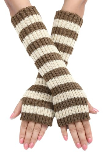 Blausky 1 Paar Damen Dehnbare Häkelhandschuh,Lang Fingerlos Gestrickte Armstulpen Wärmer Gestreift Strickhandschuhe Winter Handschuhe Strick Gloves Handwärmer Stulpen 30x7cm,Schwarz-Weiß
