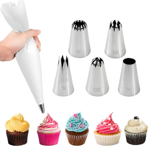 Manga Pastelera Reutilizable,5 Boquillas de Acero Inoxidable y Manga Pastelera 30 cm, Juego de Mangas Pasteleras, Reutilizable y Apta para Lavavajillas, para Decoración de Tartas y Cupcakes, Galletas