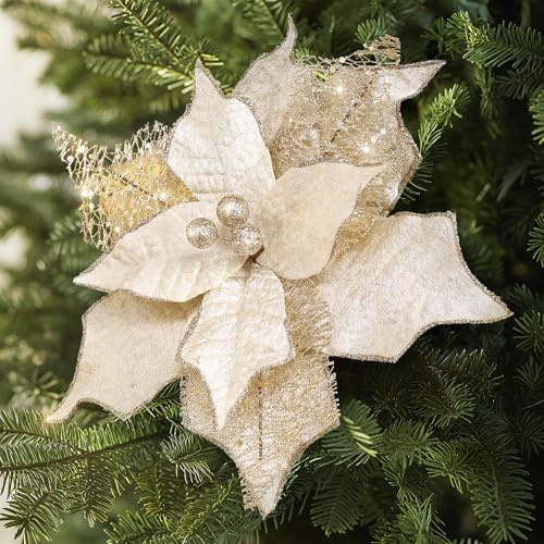 Alupssuc 10 pcs Fleurs de Poinsettia, 9 Pouces Fleur de Noël Artificielle, Scintillante pour Arbre, Maison/Nouvel an/fête, Champagne
