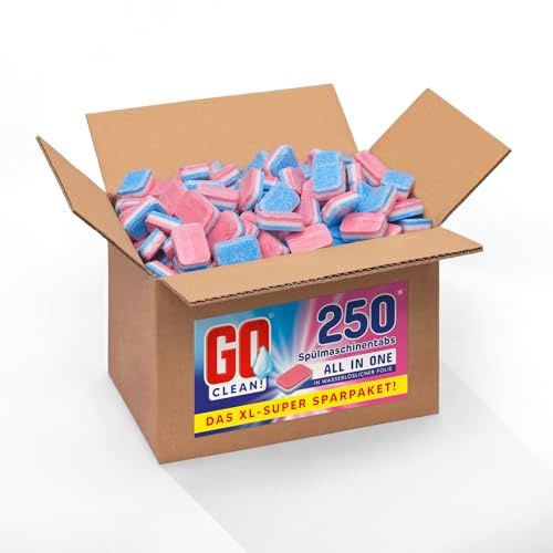 GO clean! Spülmaschinentabs All in One – 5 kg ca. 250 Stück 20g, XL-Sparpaket in wasserlöslicher Folie mit starker Reinigungskraft gegen Schmutz und Fett