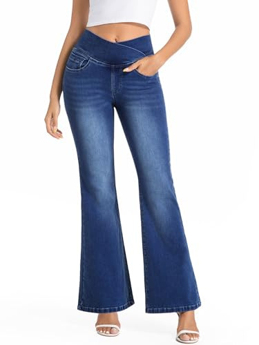 VX VONXURY Jeans Donna Vita Alta Pull On Svasati Modellante con Controllo Pancia, Vita a V Bootcut Jeans Morbido Elastico, Blu Scuro