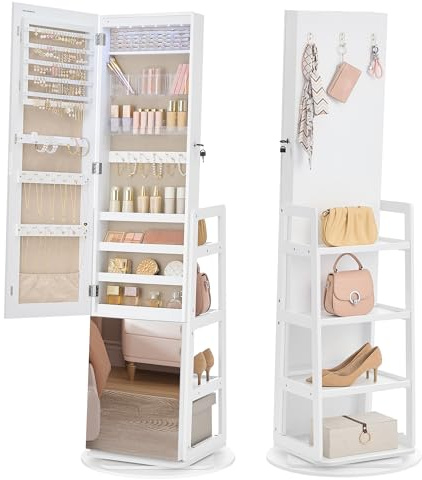SONGMICS Armoire à Bijoux, Rangement à Bijoux, Miroir Intégral, 4 Étagères de Rangement, Éclairage Intégré, Rotation à 360°, pour Chambre, Dressing ou Entrée, Blanc Nuage JJC027WH01
