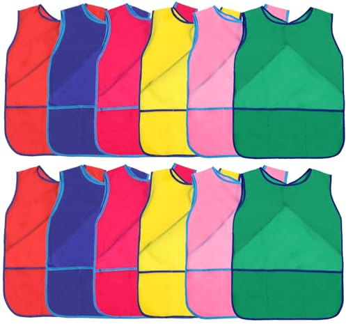 MissOwl 12 Pack Kids Art Paint Smock Sleeveless with 3 Roomy Pockets Artist Toddler Play Aprons for Painting Craft Age 3-8
