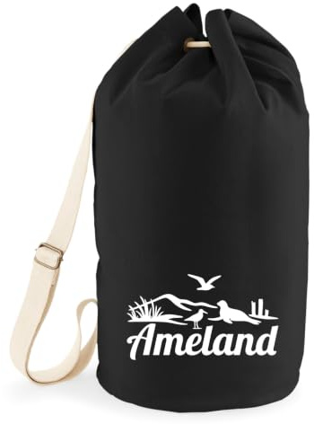 Huuraa Seesack Ameland Niederlande Geschenk | Tasche 20 Liter Strandtasche Black Baumwolle Rucksack Geschenkidee Schwarze Sporttasche Duffle Bag mit Kordelzug Verschluss