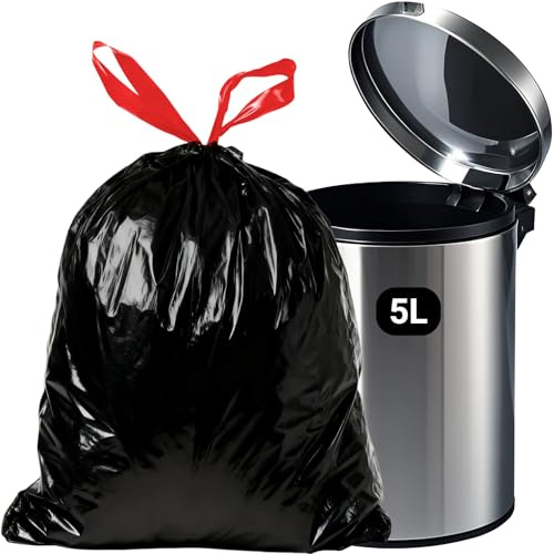 OKKEAI Bolsas de basura de baño de 5 litros con pedal, con asas, con cordón, bolsas de basura negras, 60 minutos