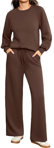 Totatuit Damen Jogginganzug Zweiteiler Langarm Oberteil und Hose Freizeitanzug Hausanzug Loungewear Sport Outfit Yoga Streetwear Braun L