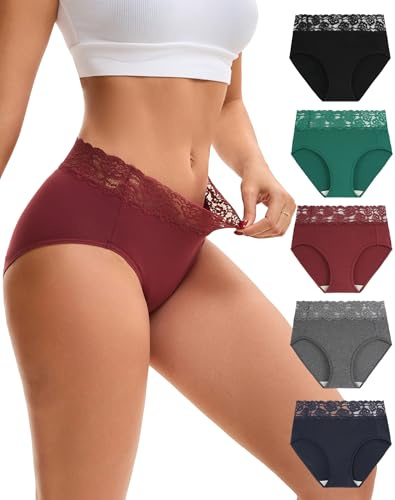 INNERSY Culotte Femme Coton Dentelle Taille Haute Slip Confortable Lot de 5 | sous-Vêtements Respirants, Culottes Hautes, Chic Shorty Multipack, Sans Étiquette, Entrejambe 100% Coton, Confort Quotidien