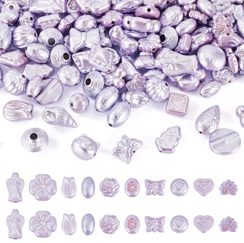 Spritewelry Perline assortite in acrilico lilla da 100 g, per la creazione di bracciali, fiori, farfalle, cuore, foglia d'acero, perline distanziali in acrilico perlato, per gioielli fai da te