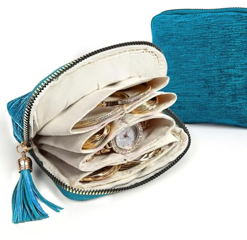 Estuche de terciopelo para guardar joyas de viaje, organizador de joyas de viaje con 5 compartimentos y borla, mini bolsa de viaje para pulseras y anillos, bolsa de terciopelo suave con (Style B)