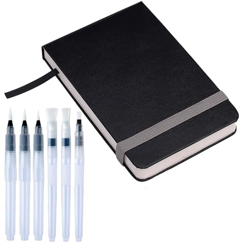 COGVOHY Aquarell Skizzenbuch, 9 × 14 cm, 300 g/m², 24 Blatt Aquarell Papier Block mit 6 Stück Wassertankpinsel, Kaltgepresstes Aquarellpapier für Anfänger und Künstler Malerei, Zeichnung, Mixed Media