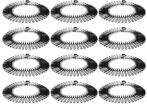Ipetboom Diadema Elástica Peine Circular Negro, 12 Unidades, Plástico Flexible Dientes Anchos para Mujer, Accesorio para Peinado Diario y Control de Mechones, Adecuado para Uso