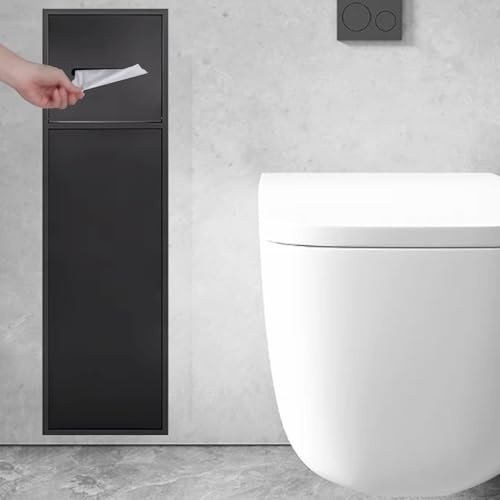 Portarrollos Empotrable Portarrollos de Papel Higiénico Empotrado con Armario de Almacenamiento, Dispensador de Papel Higiénico de Pared, Soporte para Escobilla de Inodoro Empotrado en Nicho(Black)