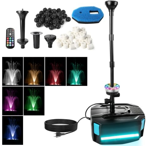 Teichbrunnen mit UV-Klärer & LED-Lichtern, 3300L/H 45W Springbrunnenpumpe und Teichfilter, RGB-Fernbedienungslichter, 3-teilige Düsen für Gartenteichpflege Wasserspiel Dekoration