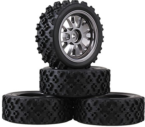 Mxfans Black Flower Pattern Aluminum Alloy Y-Shaped Wheel Titanium Color + Rally tire Skin 65MM Suitable for RC 1:10 Road Racing 4-Piece Set