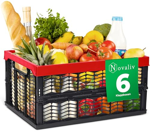 Novaliv Klappboxen faltbar stabil 6x 30L Rot Schwarz baskets Einkaufskiste Klappkisten Set Tragebox Aufbewahrung Einkaufskörbe Körbe Aufbewahrung Küche