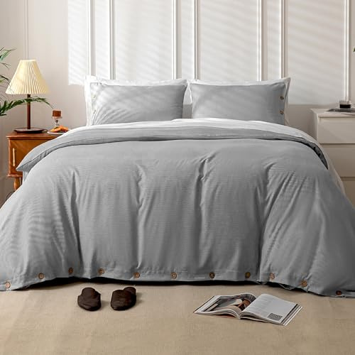 MUKKA Duvet Cover Set King Size Coconut Button Closure，Heather Check Linen-Like Style 145g-Weight Durable Brushed Microfiber， Elegant Soft Modern King Duvet Cover (Light Grey，King