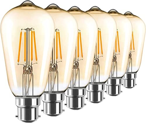 AidSci Vintage Edison Light Bulb LED, B22 Bayonet Cap ST64 Amber Glass Filament Bulb 4W (40W Equivalent) 400LM 2700K Warm White, Retro Antique Old Fashioned Style Edison Lamp, 6-Pack Golden Tinted
