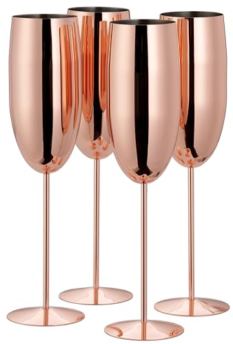 Oak & Steel - 4 Flute da Champagne in Acciaio Inossidabile, 285 ml - Confezione Oro Rosa di Bicchieri Spumante