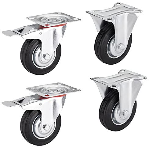 4er SET SOTECH Transportrollen RED Ø 100 mm (2x Bockrollen, 2x Lenkrollen mit Bremse) Höhe 127 mm, Anschraubplatte 100 x 82 mm Traglast bis 360 Kg Schwerlastrolle