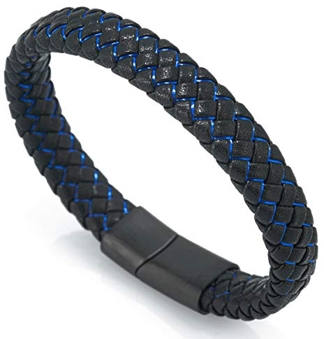 Halukakah Kinder ● Jazz Junior ● Jungen Echtes Leder Handgemachtes Geflecht Schwarz Mix Blau Armband 6-12 Jahre alt. Titan Mattierter Magnetverschluss 18cm mit Geschenkbox