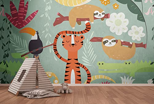 A.S. Création Livingwalls Vliestapete - Tapete Kinder Dschungel Tiere in Bunt, Orange und Grün - Wandtapete für verschiedene Räume - Wandbild XXL 3,71 m x 2,80 m