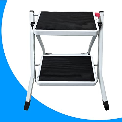 Trittleiter 2 Stufen Klappbar, rutschfeste Klapptritt, Klappbar Leiter, Mini Tritthocker mit Entriegelungstaste, Leichte Stehleiter, Leichter Stahl, Breite Stufen, bis 150kg Belastbar
