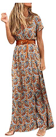 Damen Sommerkleid Lang-Maxikleider Sommer-Boho Strandkleid V-Ausschnitt Midi Kleid mit Gürtel Elegant Blumen Drucken Schicke Stoff Freizeitkleid Bequeme Kleider Midikleid Strandkleider