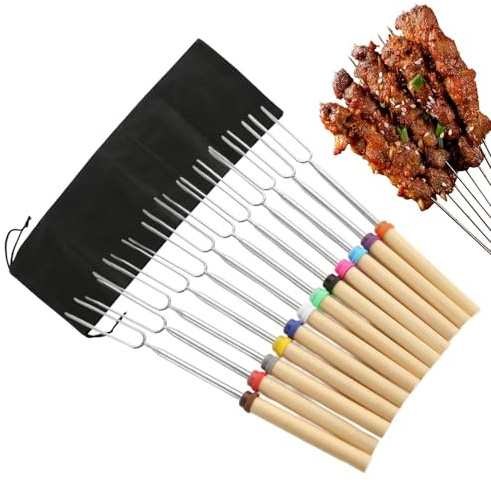 YOUNTHYE Lot de 15 brochettes de barbecue en acier inoxydable - Pour guimauve, feu de camp - Avec sac de rangement noir - Avec poignée en bois - Pour barbecue de camping - 31 à 82 cm