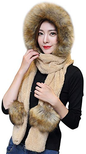 Ensemble 3 en 1 écharpe à capuche en fausse fourrure pour femmes et filles - Ensemble de gants d'hiver en polaire chaude - Cache-oreilles - Avec poches - Coupe-vent - Châle, kaki, taille unique