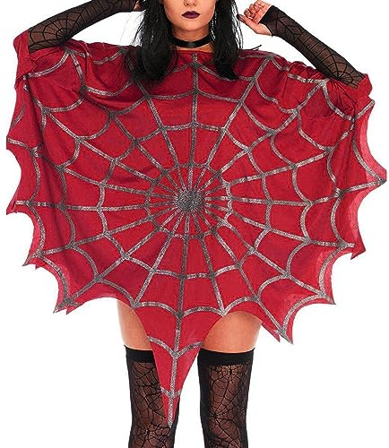 Halloween Umhang für Frauen Spinnennetz Gedruckt Gothic Poncho Cape Schal Halloween Cosplay Kostüm, rot, Einheitsgröße