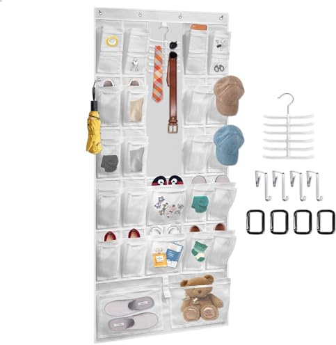 BOHEMIABY Schuhaufbewahrung Hängend 24 GroßE Taschen, Multifunktional Schuhorganizer Platzsparend, Tür Organizer mit 4 Haken 28 Vordertasche Usw.für Schlafzimmer, Wohnzimmer, Weiß
