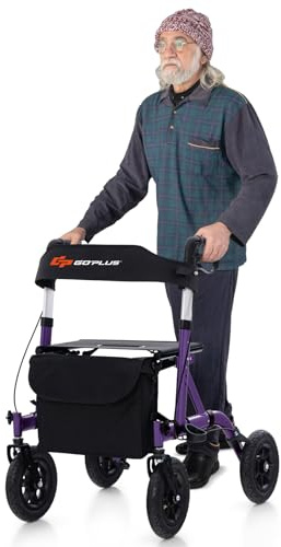 Goplus Rollator Walkers for Seniors with Seat, Foldable Rolling Walker with 9.5” All Terrain Pneumatic Wheel, Supports up to 300 lbs, Heavy Duty Bariatric Rollator Walker for Adult