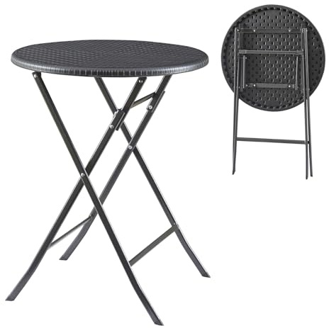 [en.casa] Table de Camping Pliante avec Plateau Rond Table de Pique-Nique pour Jardin Terrasse Balcon Patio Extérieur Métal Plastique HDPE 60 x 74 cm Effet Rotin Noir