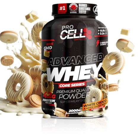 Procell Proteinas Whey Advanced 2kg (Chocolate Blanco) Zero Azúcar, 21g de Proteina, 66 Servicios Whey Protein Concentrado y Aislado de Suero - Proteinas para Masa Muscular en Polvo para Batidos