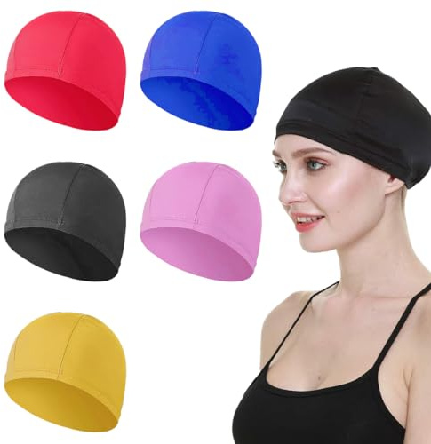 KSJEHW 5 Piezas Gorros de natación Gorra de Baño de Silicone, protección para los oídos, Recubrimiento Ripstop para Mayor Resistencia al Deslizamiento, Gorros de natación para Hombre y Mujer