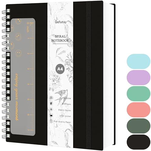 Qefuna Notizbuch A4 Dotted, Bullet Dot Journal, 300Seiten Spiralnotizbuch, 100g/M² Tintenfestes Papier, PVC-Hardcover，mit Lineal, Erweiterbare Taschen, Elastische Bänd, 21x 28 cm -Schwarz