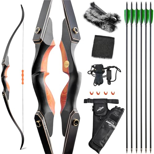 60” Colorholz Recurvebogen Set Erwachsene 25-60lbs Recurve Bogen Und Pfeil Set Für Outdoor Schießen Jagd Zielübungen (Gold, 35)