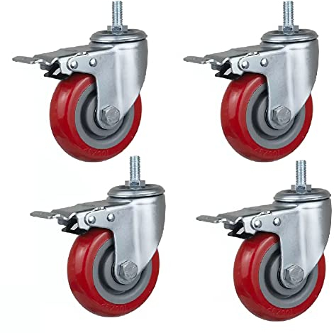 CNBYDK Lenkrollen, drehbar, 4 × Lenkrollen, Gewinde M12 × 30, Schwerlastrollen, Tragkraft 300–400 kg, mit Bremse, leises PU, 3 Zoll, 4 Zoll, 5 Zoll, Lenkroll